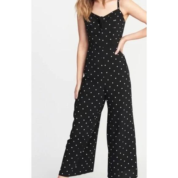 Old Navy Pullon Tie Front Black & White Polka Dot Jumpsuit Size Small Petite‎ - Picture 1 of 5